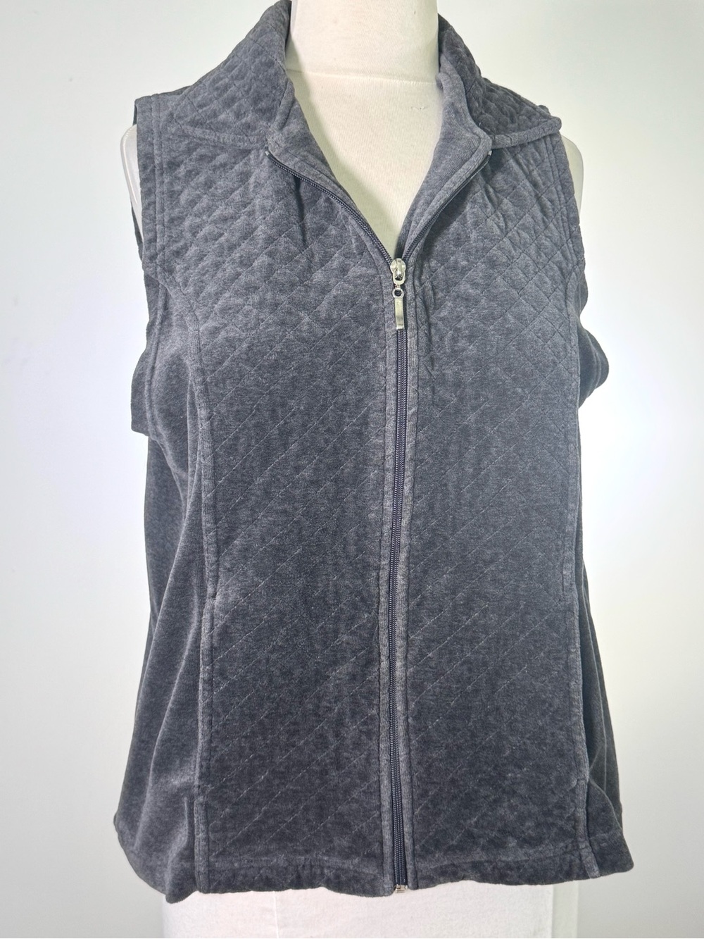 Quilted Zip Front Sleeveless Vest - Charcoal Gray Velour Soft Warm - Picture 2 of 7